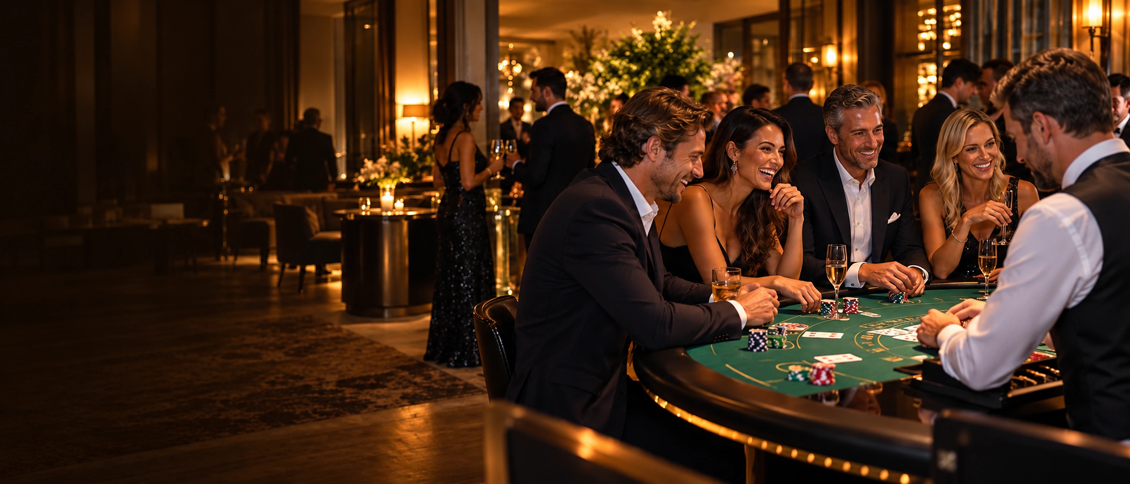 Guests enjoying blackjack with a croupier at an evening event