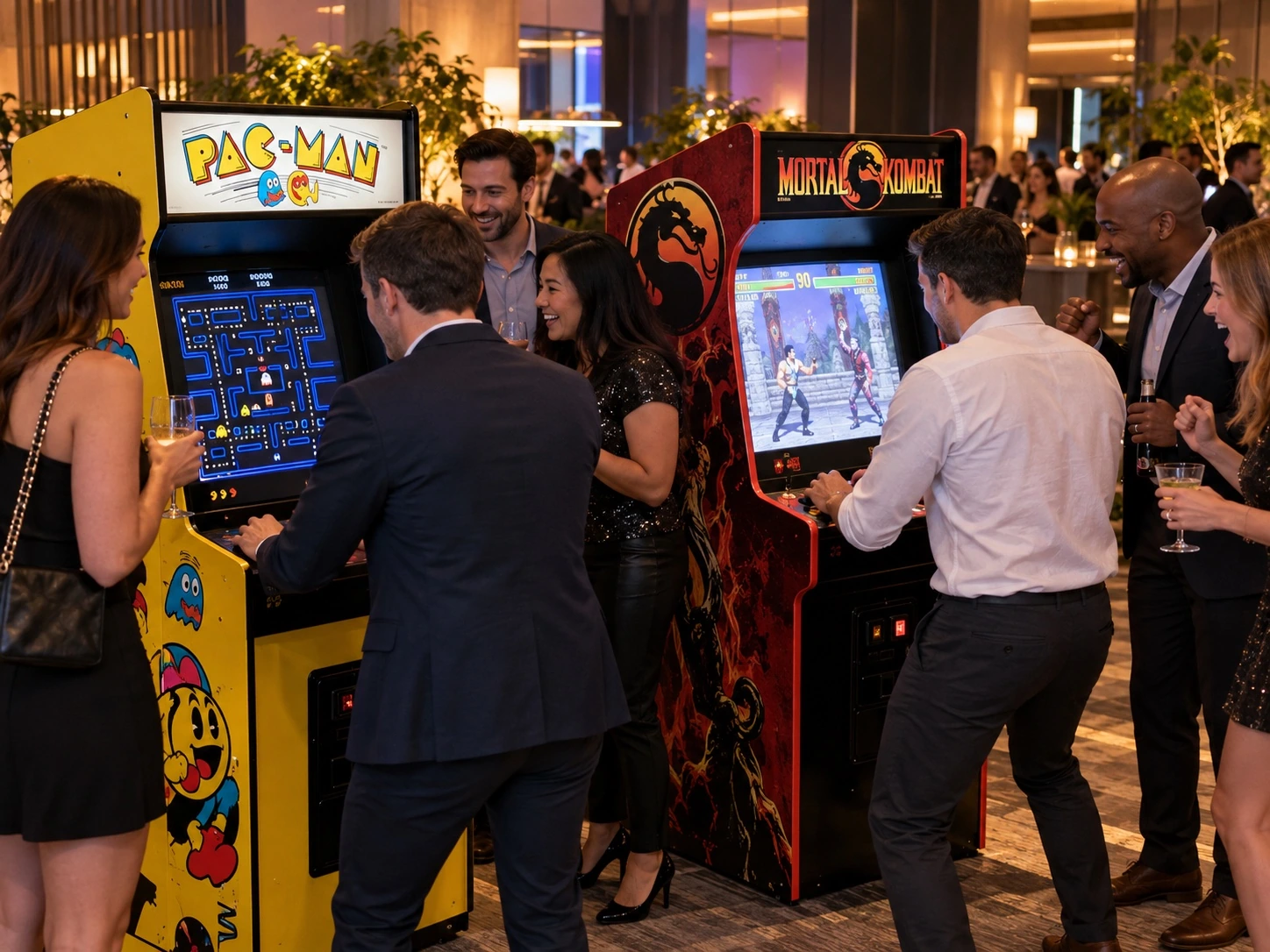 Colleagues playing arcade games together at a company event