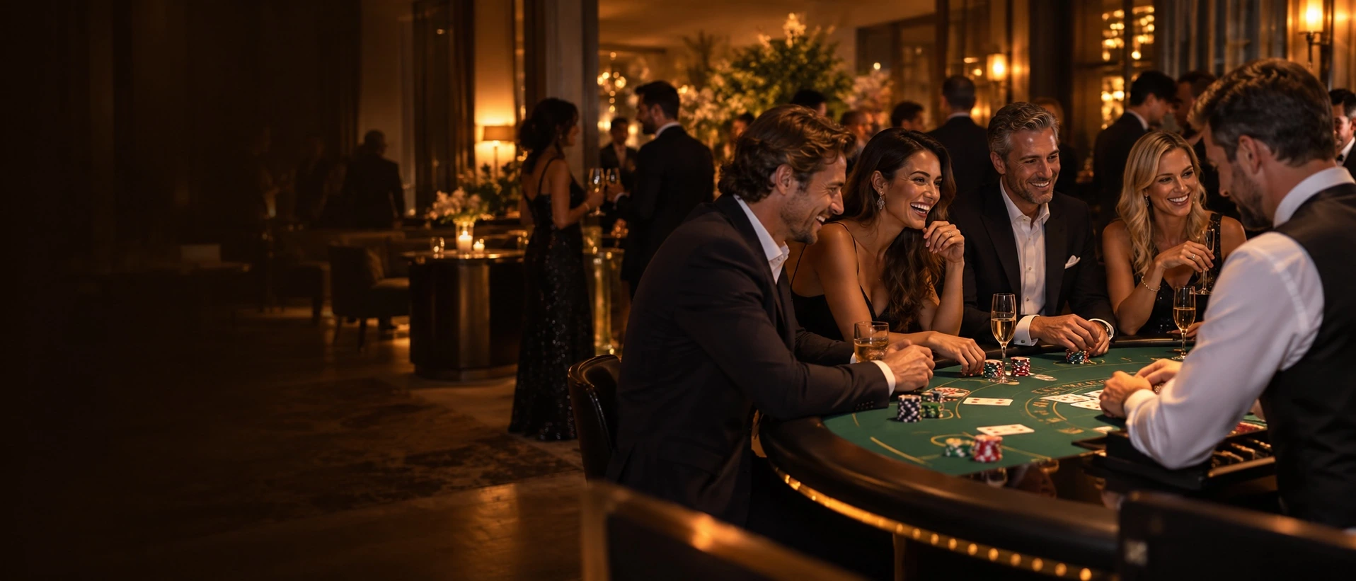 Adult guests sharing a lighthearted moment at a hosted casino table