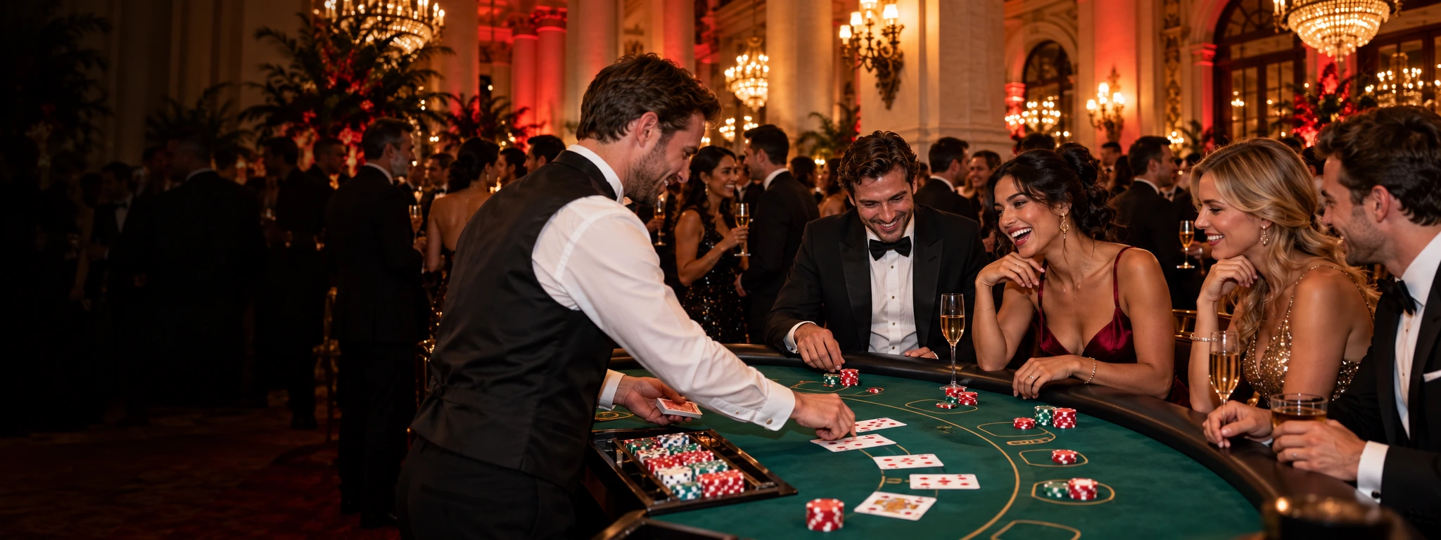 Croupier hosting a blackjack table with guests at an elegant evening event