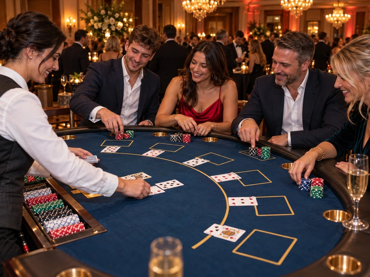 Adults gathering around a hosted Blackjack table
