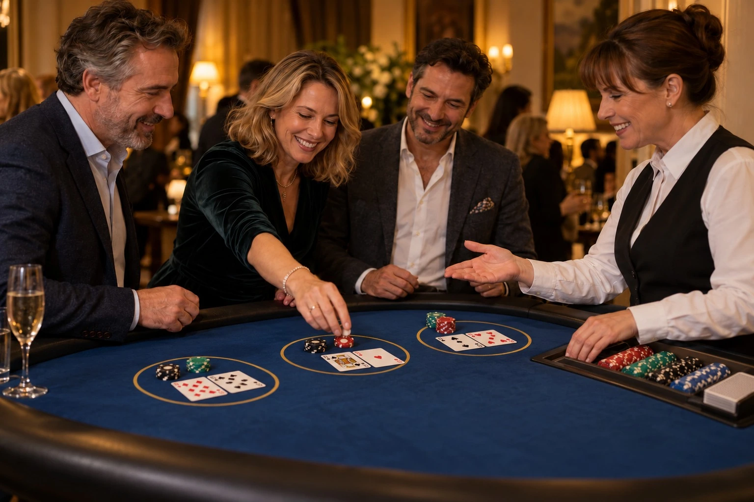 Adults sharing a lighthearted moment at a casino table