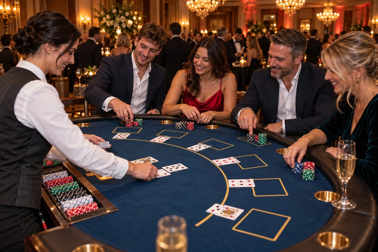 Adults and a croupier sharing a moment around a Blackjack table