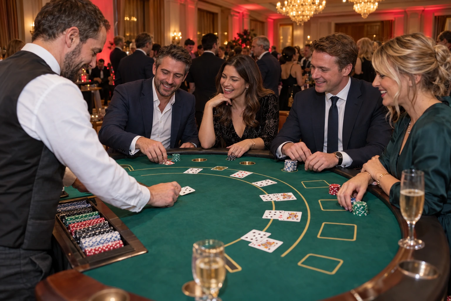Colleagues gathering around a hosted blackjack table