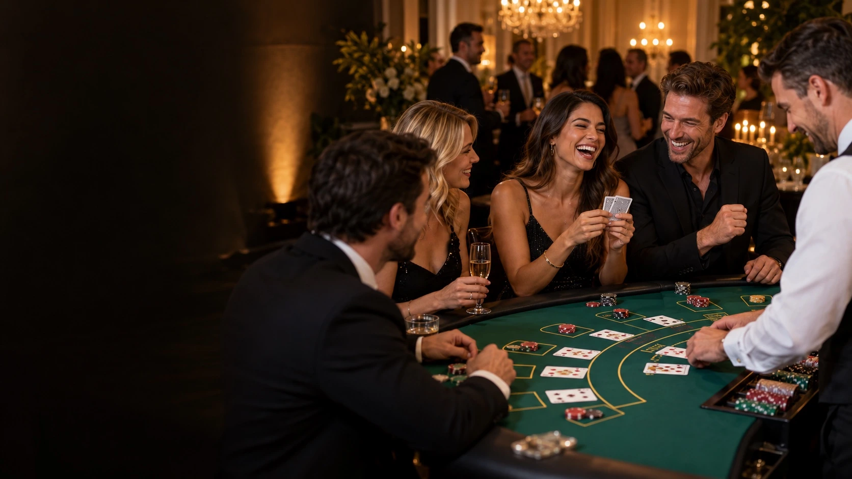 Guests laughing together over a hand of blackjack at an evening event