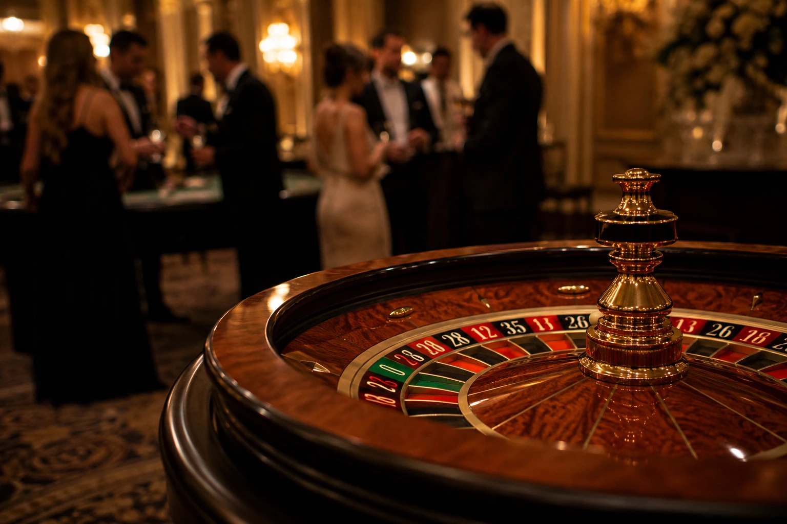 Guests gathered around a roulette table at an elegant evening event