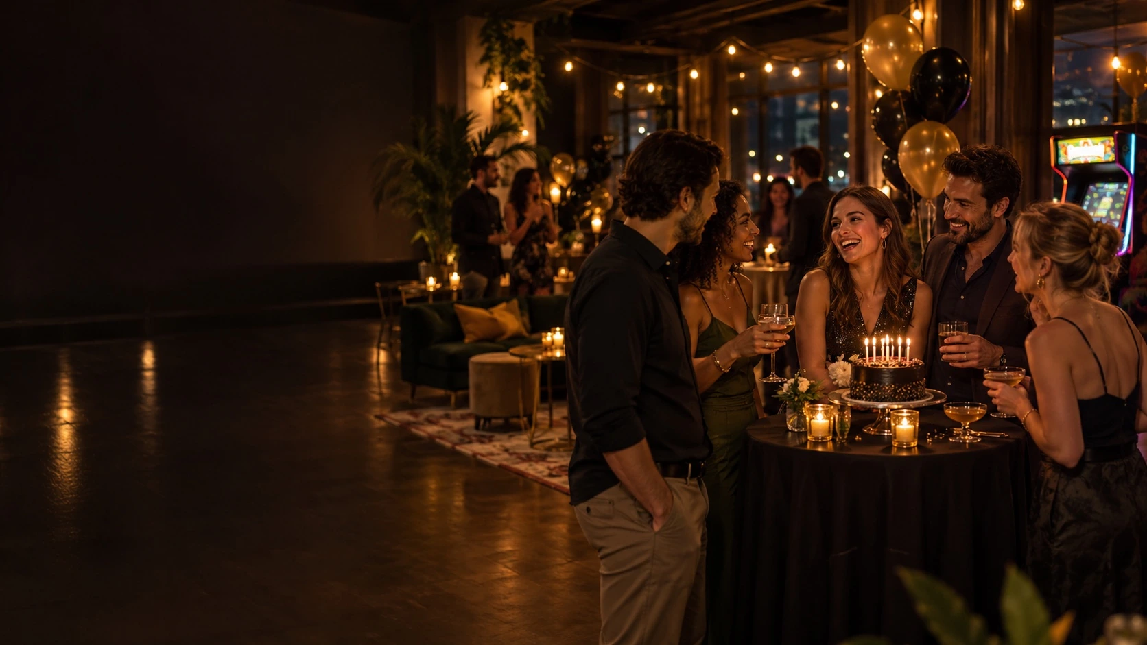 Friends celebrating a birthday together in a warm party venue