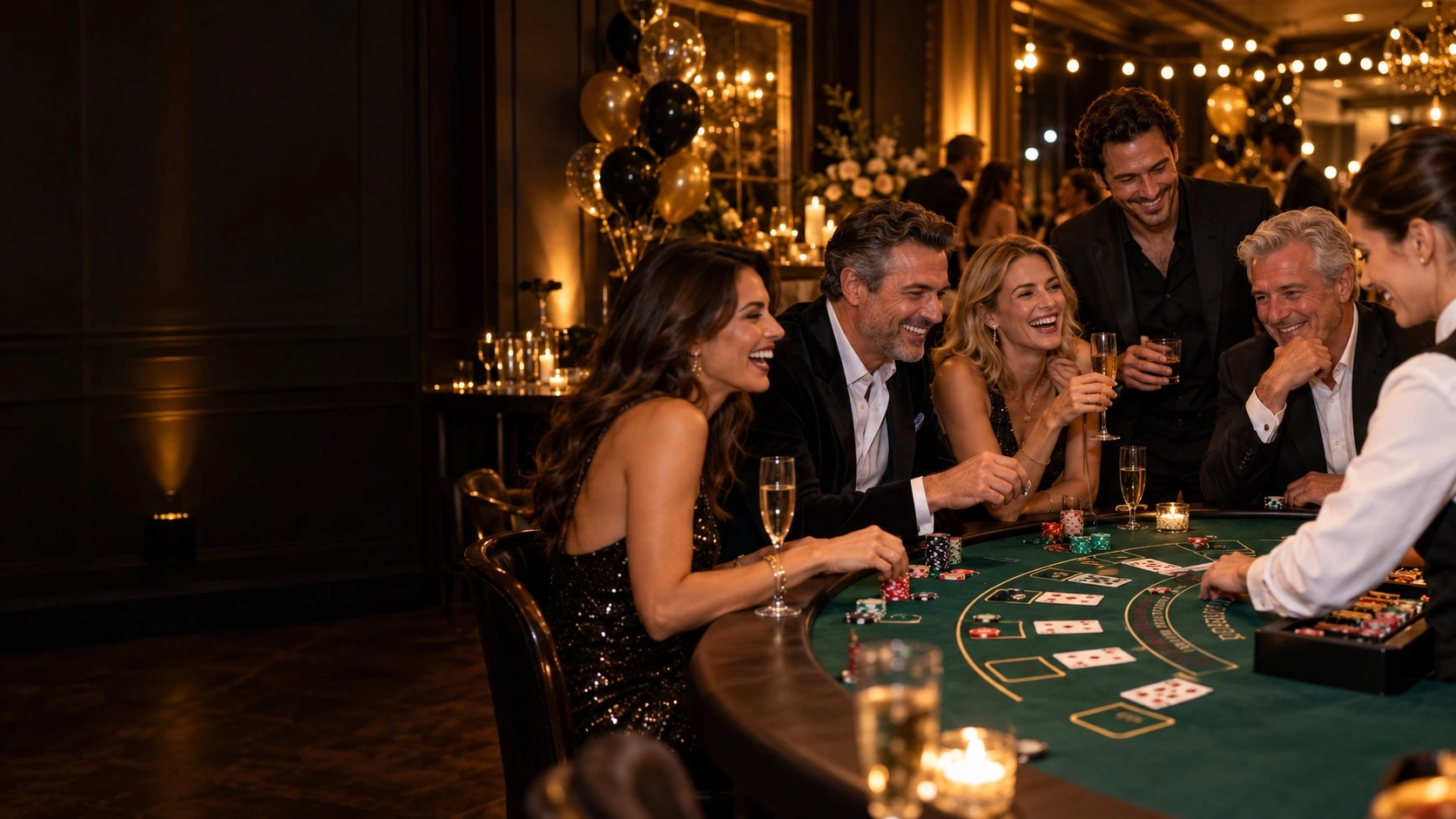 Friends sharing a moment around a hosted casino table at a private party