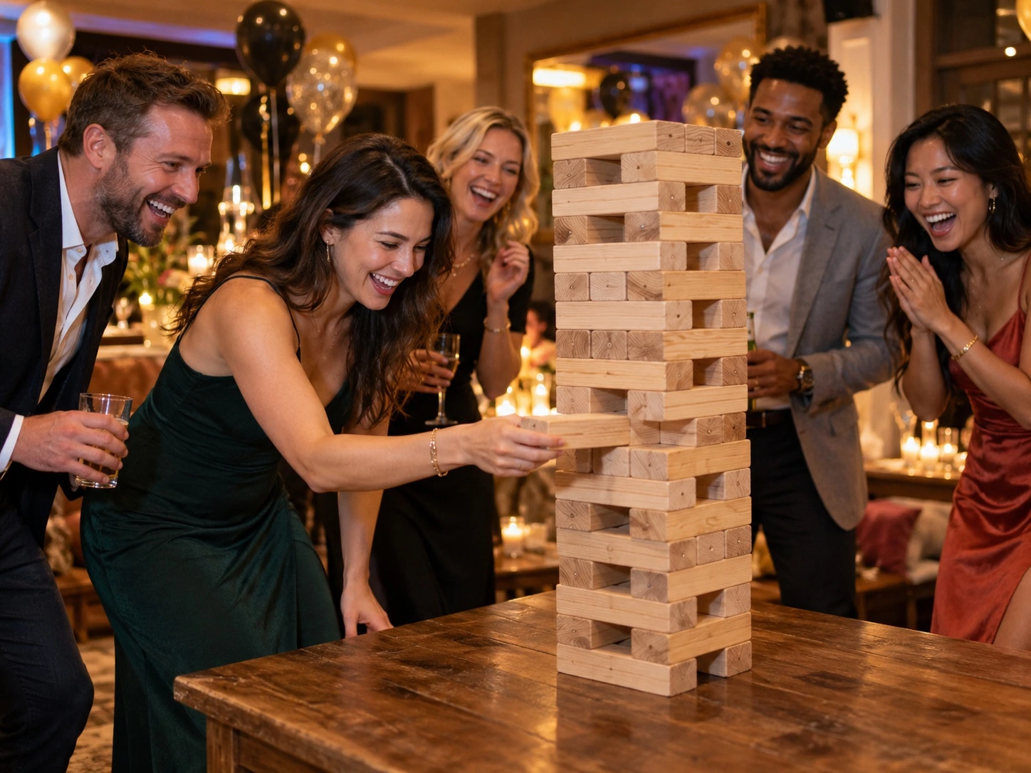 Adults enjoying a game of Giant Jenga together