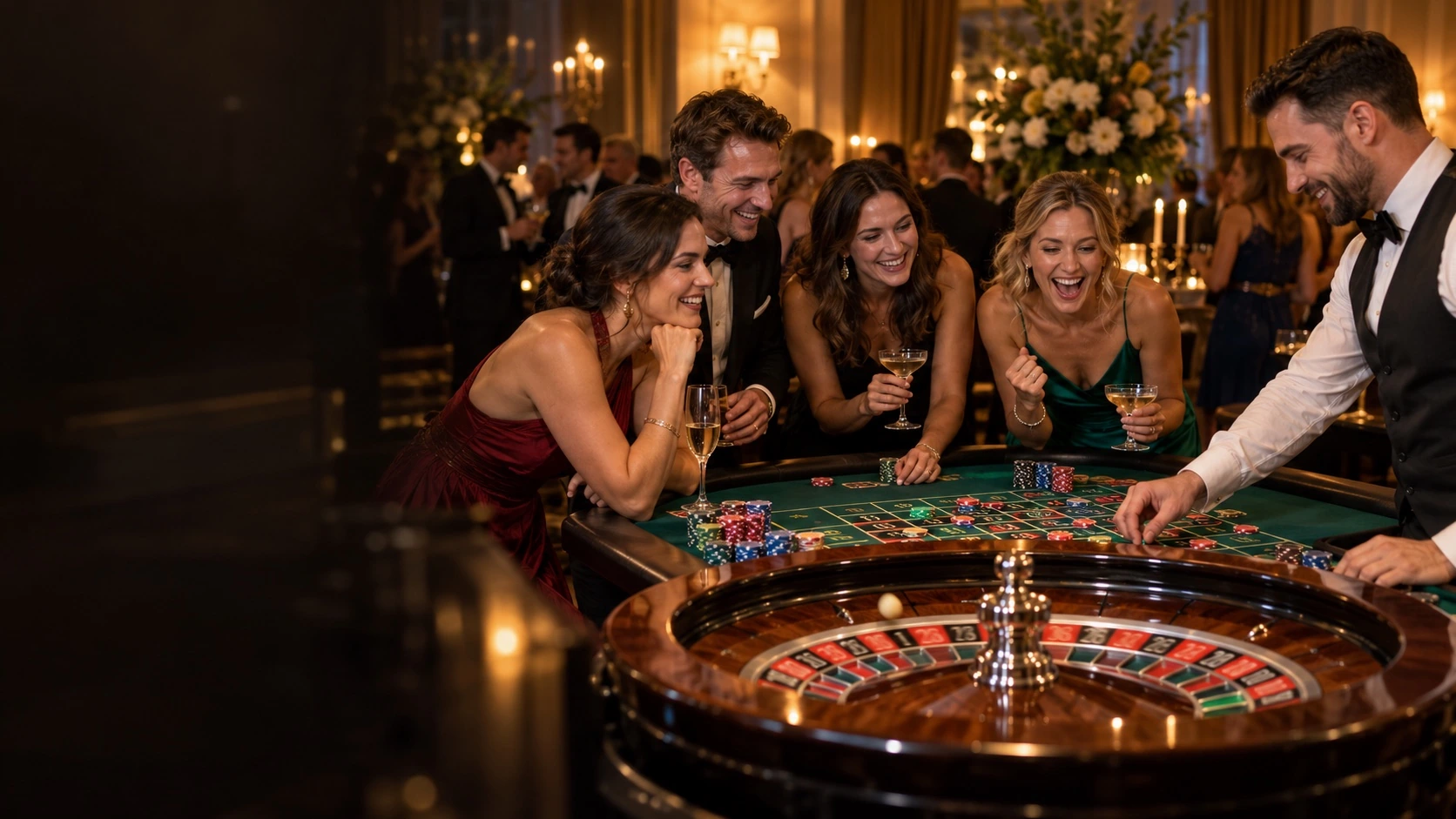 Friends celebrating around a hosted roulette table at a private party