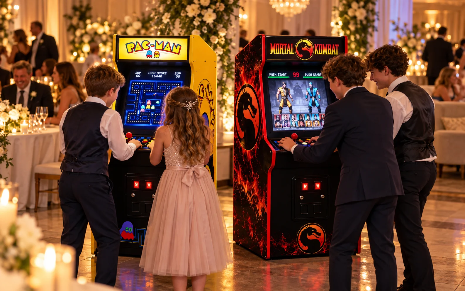 Younger wedding guests playing Pac-Man and Mortal Kombat arcade games