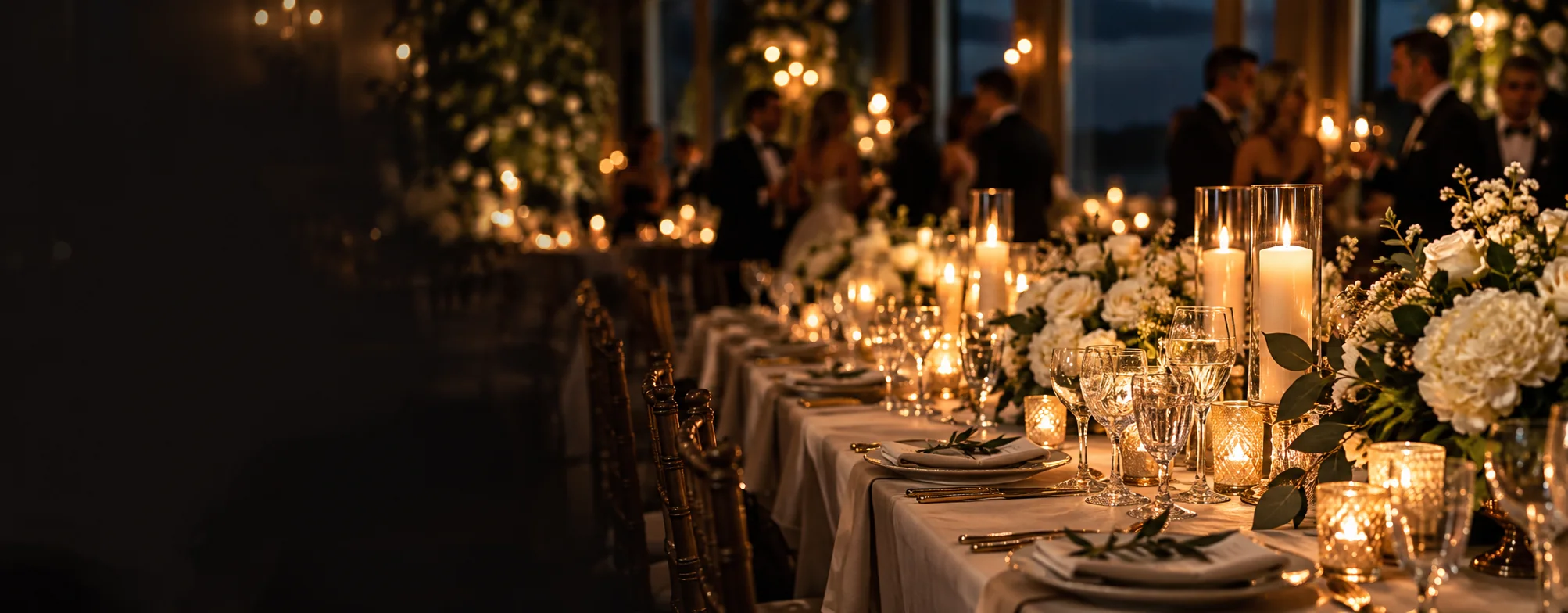 Candlelit wedding tables with flowers and guests in the background