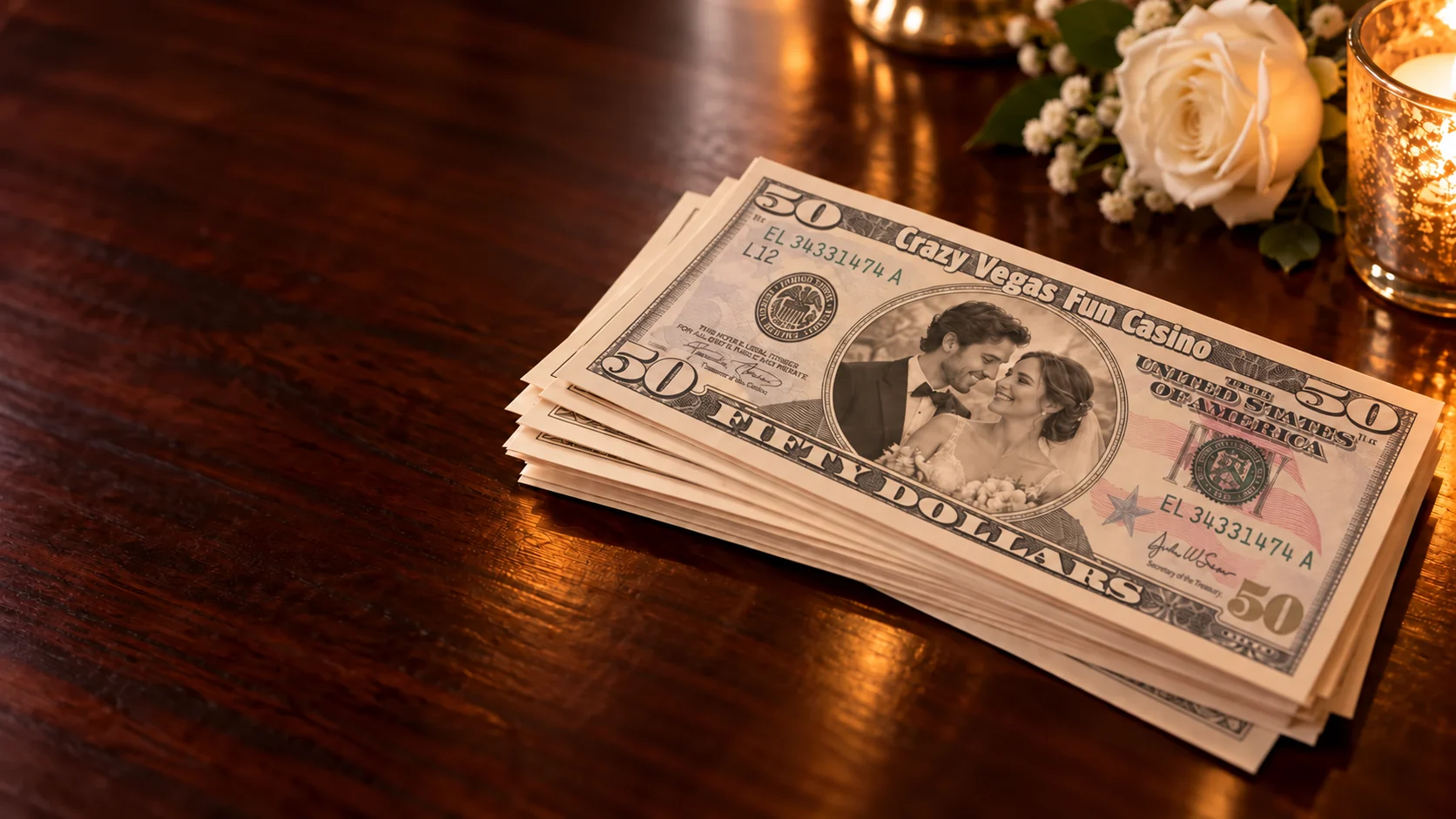 Personalised fifty-dollar fun money featuring a couple’s photograph